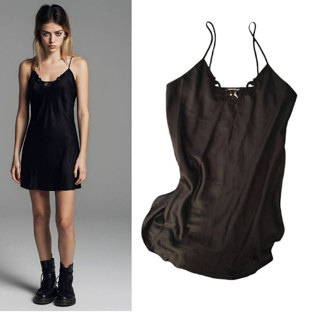 VTG 80s Black Satin Floral Crochet Mini Intimates‎ Slip Dress Size Large